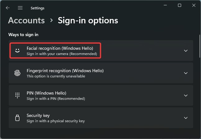 Facial recognition (Windows Hello) settings on Windows 11